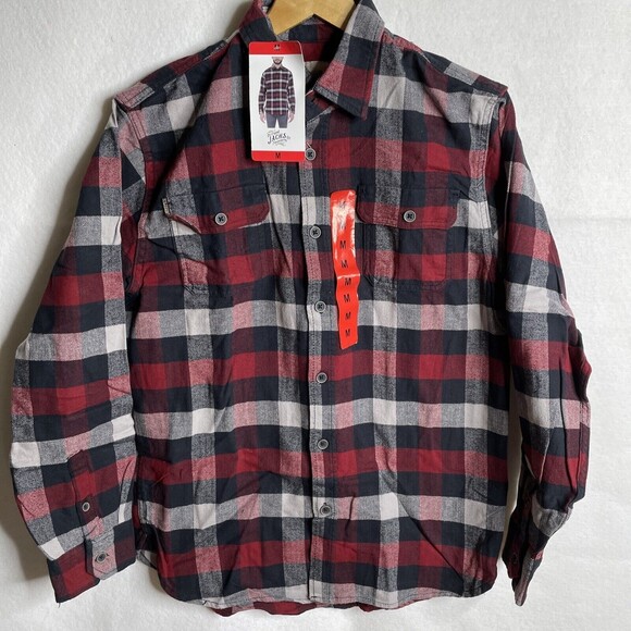 JACHS Red Blue  Brawny Plaid Flannel Men's MEDIUM Long Sleeve Shirt Pockets - Picture 3 of 10